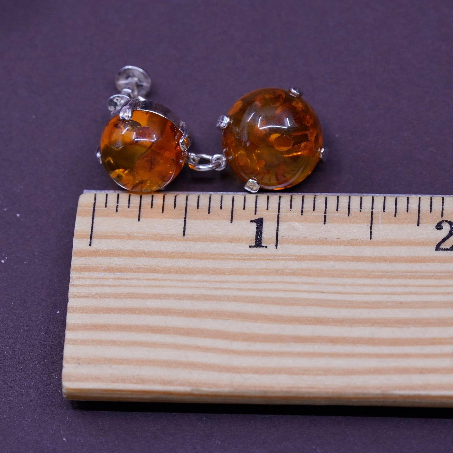 Vintage Sterling 925 silver screw back handmade earrings with amber dangles