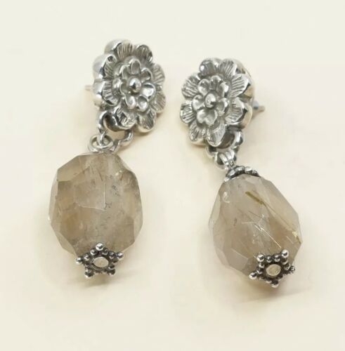 Estate find VINTAGE STERLING 925 SILVER Flower Rutilated Quartz Nugget EARRINGS