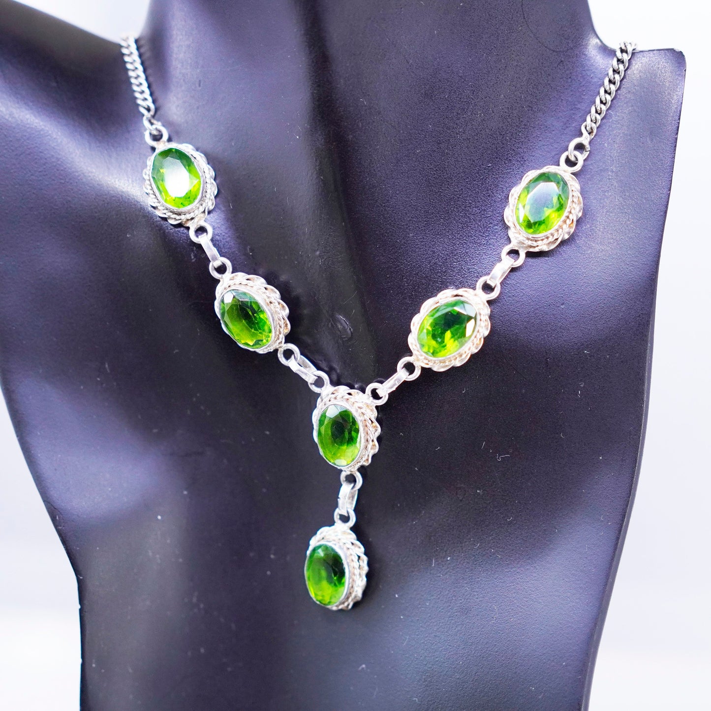 20” 3mm, vintage Sterling 925 silver handmade curb chain necklace with peridot