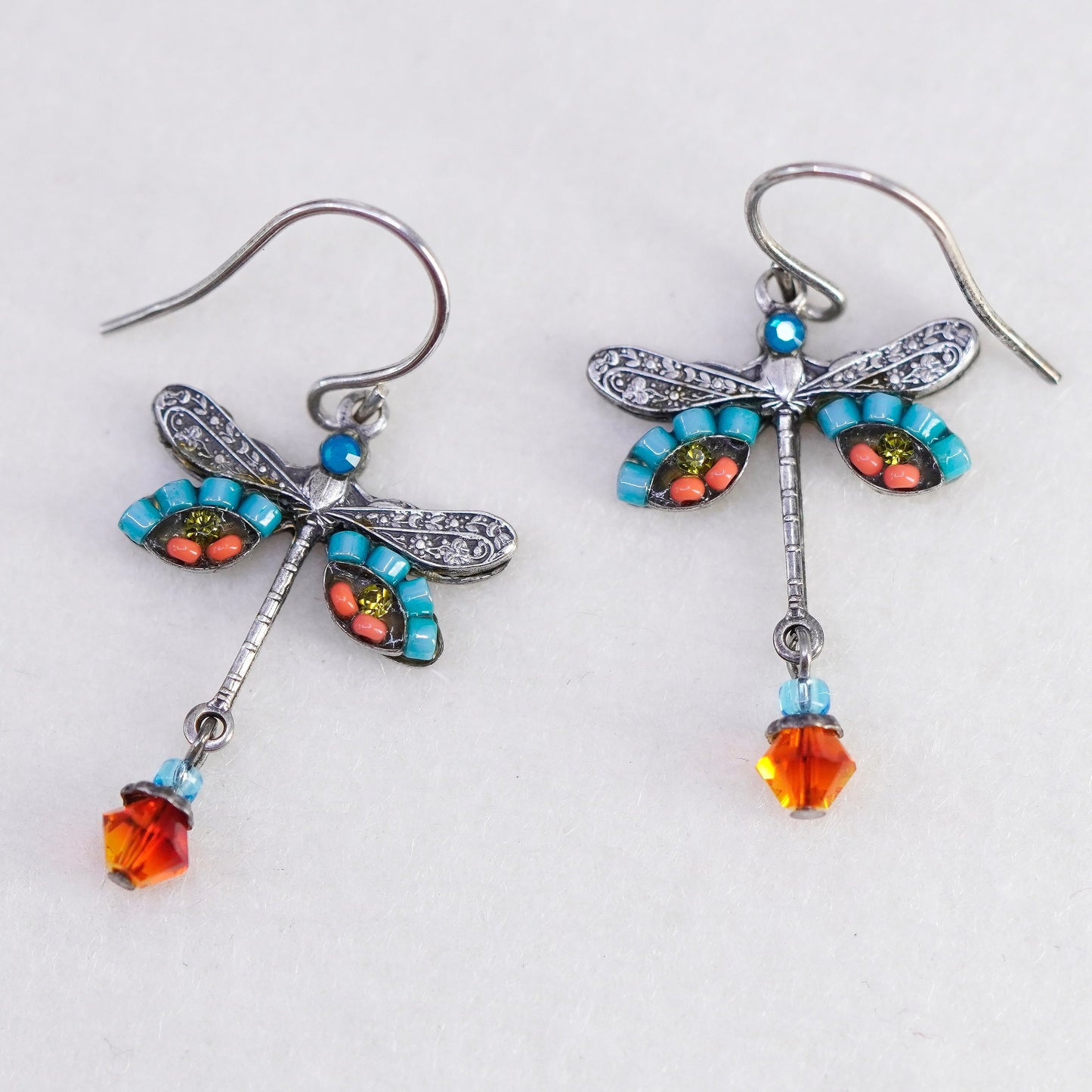 Vintage Sterling 925 silver handmade dragonfly earrings with dangles