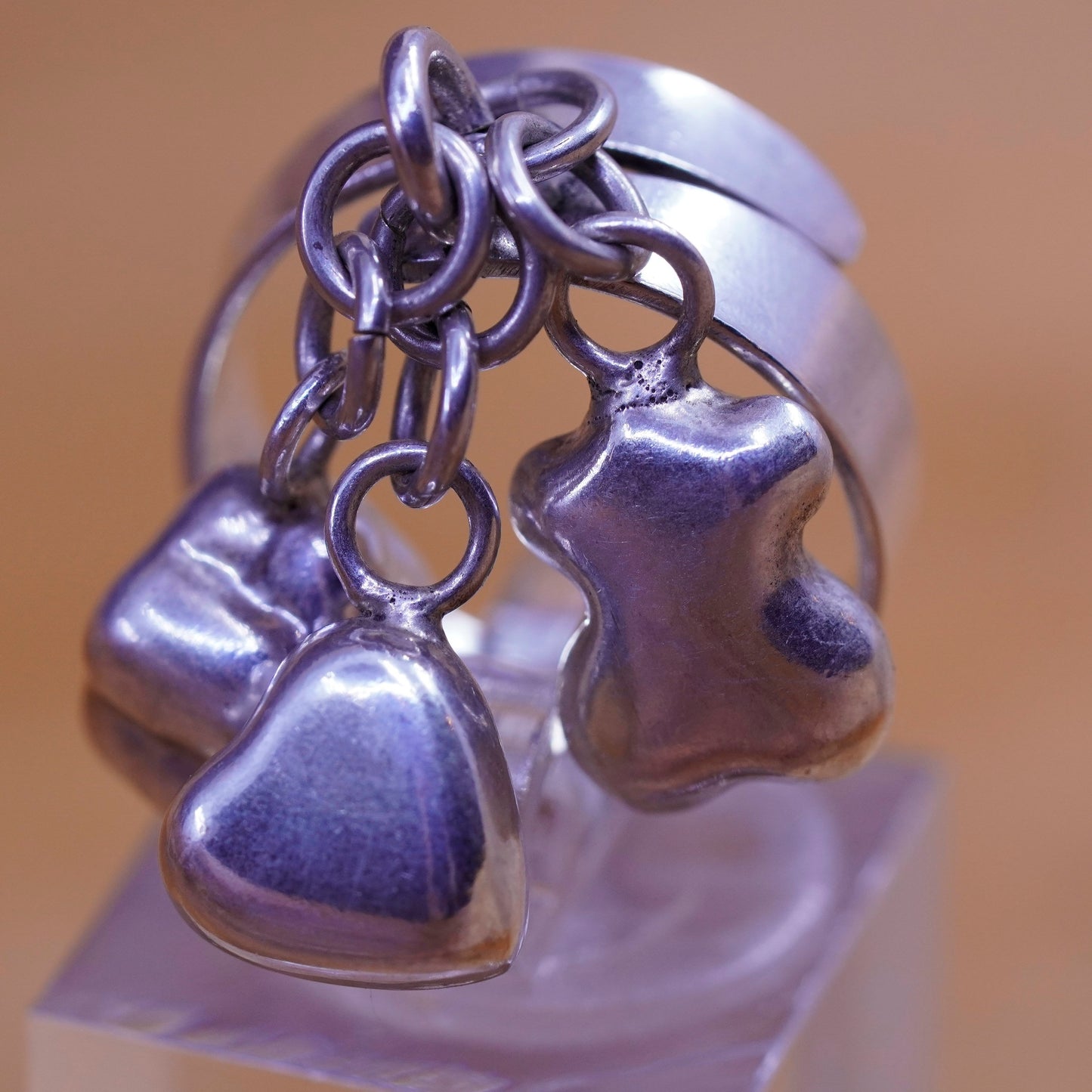 Size 7.25, vintage Sterling 925 silver handmade ring w/ heart star bead charms