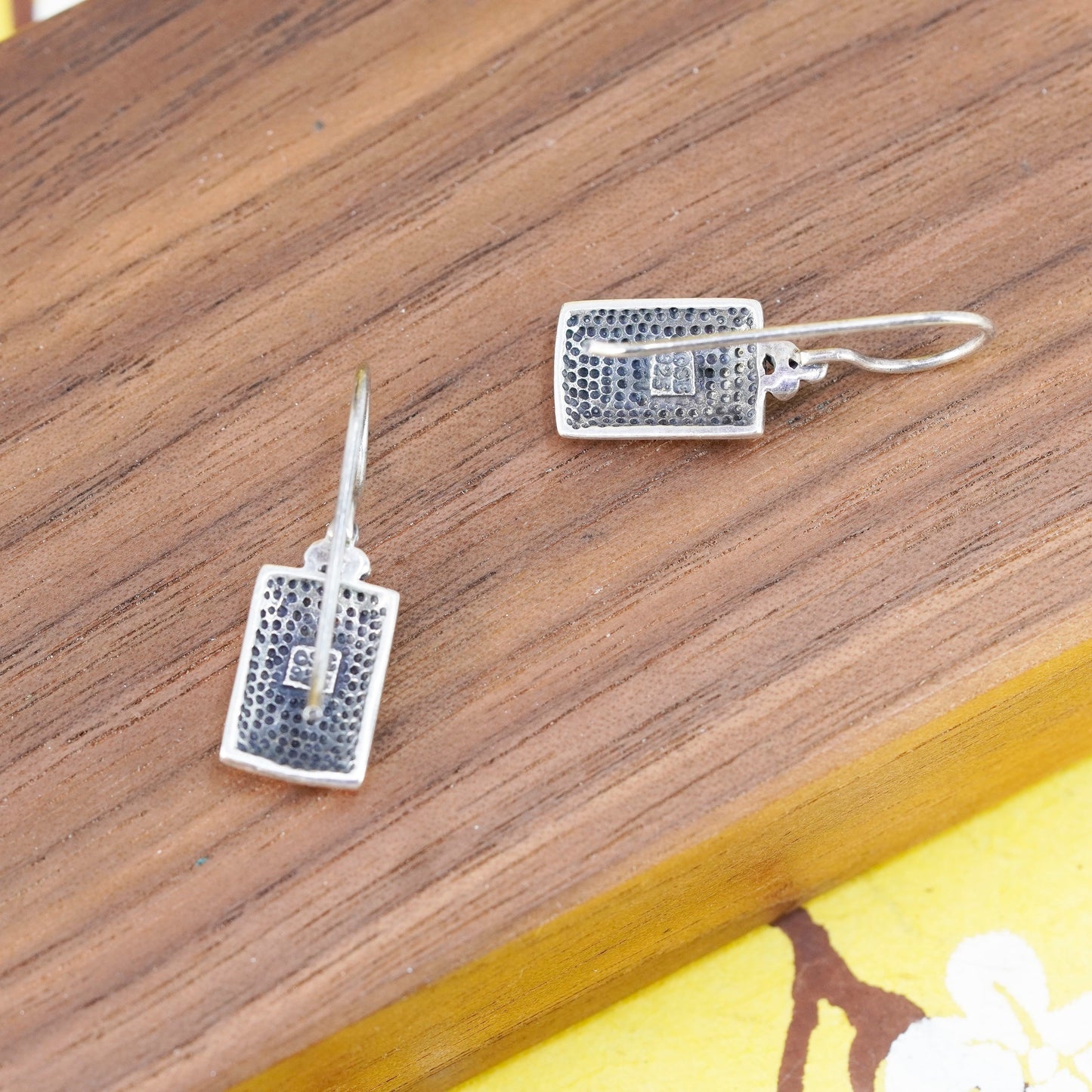 Vintage Sterling silver handmade earrings, 925 rectangular beaded dangles
