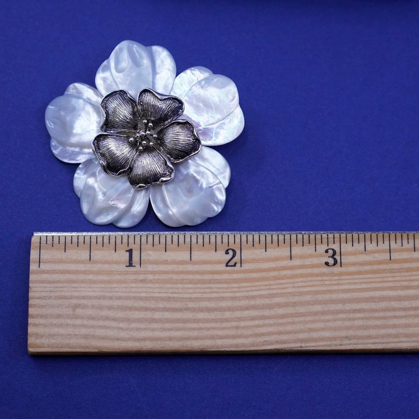 Vintage BJ sterling 925 silver handmade brooch pendant mother of pearl flower