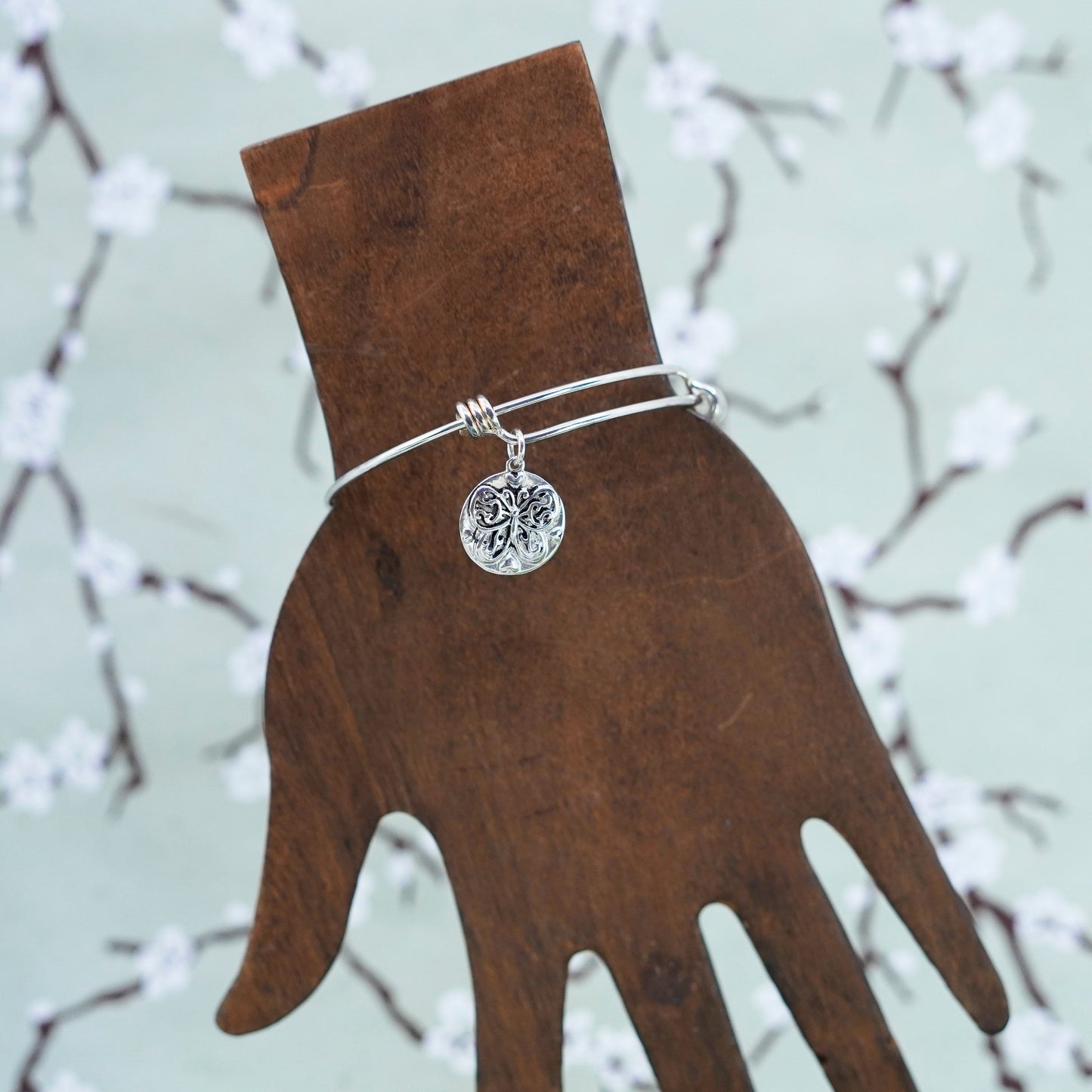 adjustable, sterling silver handmade bracelet, 925 bangle butterfly tag charm
