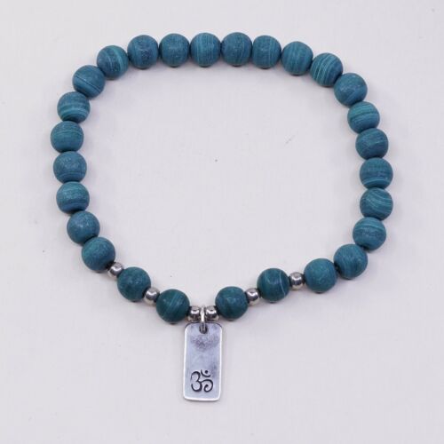 6.5”, Vtg Handmade Malachite Beads Bracelet W/ Elastic Band N 925 Om Aum Tag