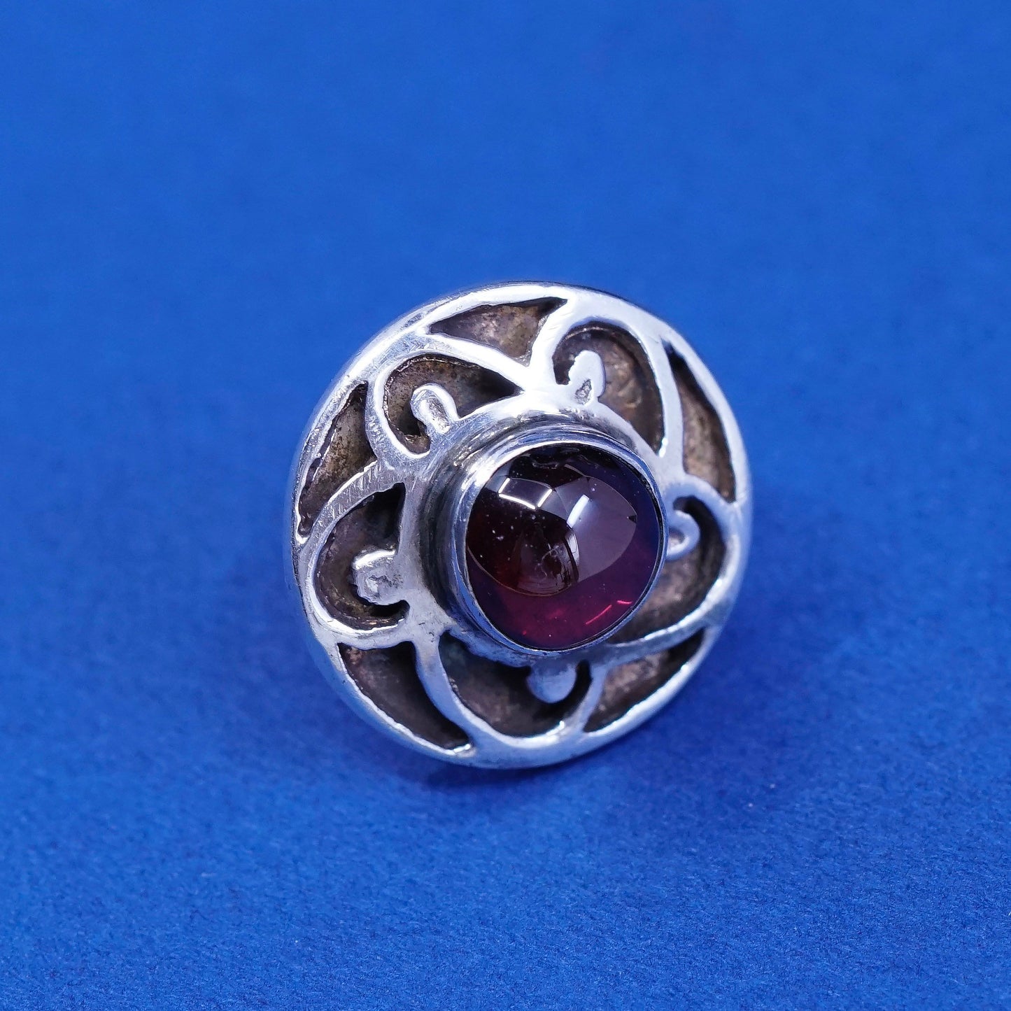 Vintage sterling silver handmade earrings, 925 flower studs with garnet