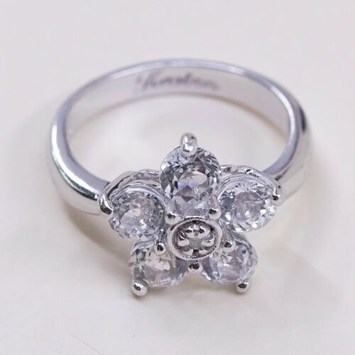 Sz 4, Vtg Sterling 925 Silver Flower Fashion Ring W/ White Sapphire N Diamond