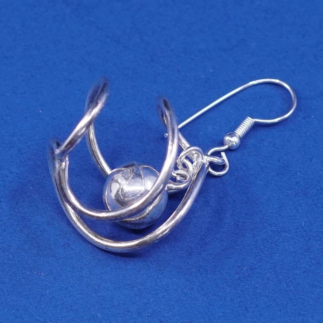 vtg Sterling Silver handmade Earrings. 925 3D swirl w/ beads dangles