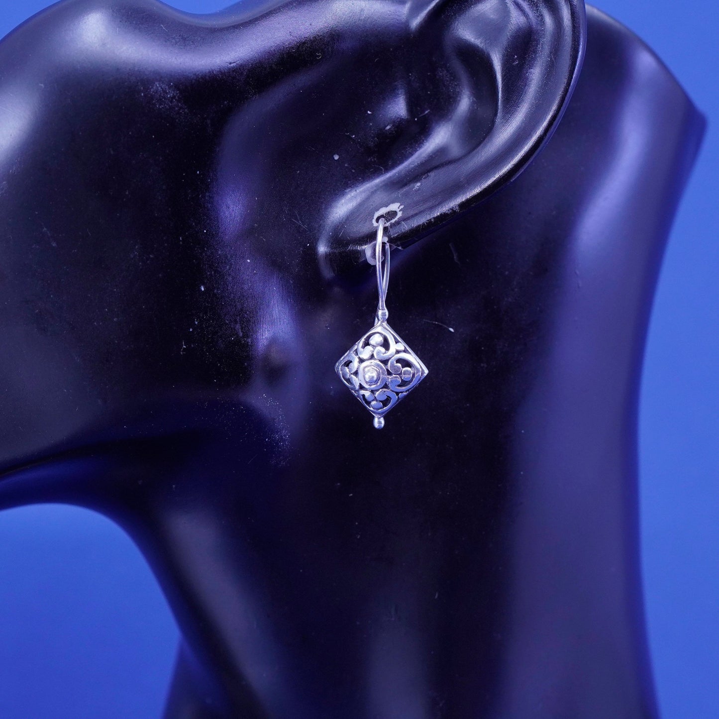 Vintage sterling silver handmade earrings, 925 filigree Bali diamond drop,