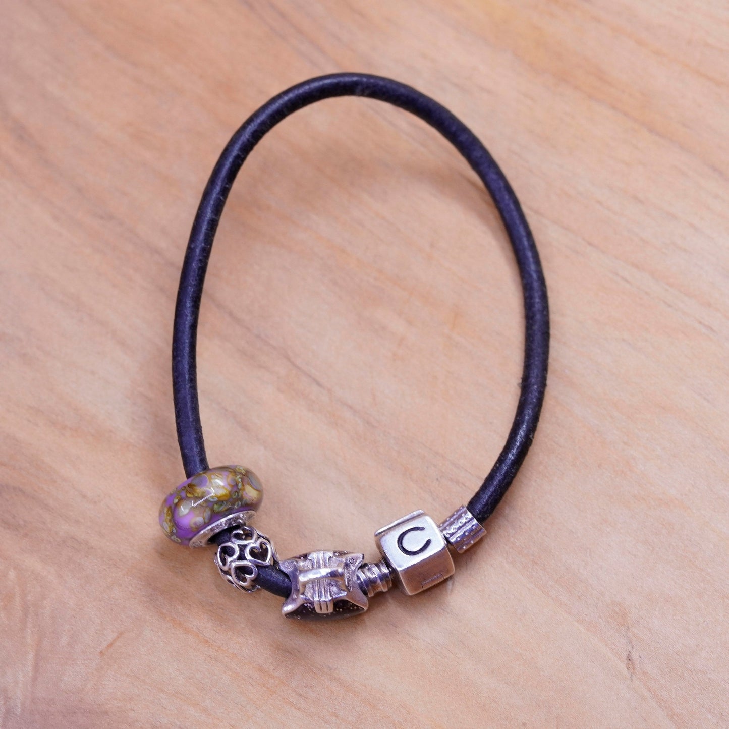 6.5”, CHAMILIA CHAM sterling silver bracelet, 925 leather core Murano glass