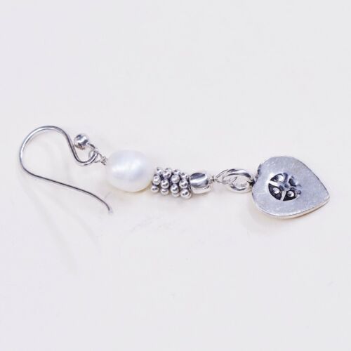Vintage Southwestern handmade Sterling 925 Silver Heart Earrings w/ Pearl Beads
