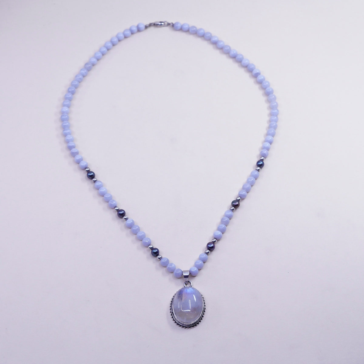 21”, sterling 925 silver necklace lace agate pearl bead chain moonstone pendant