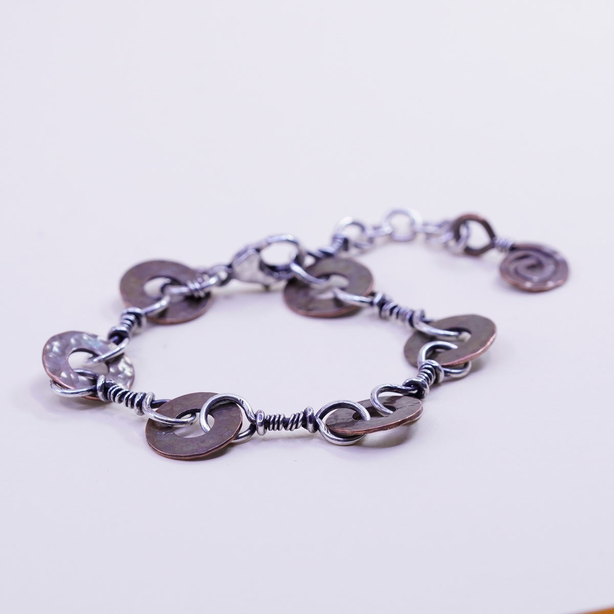 6.25”, Vintage sterling 925 silver bracelet with copper disc