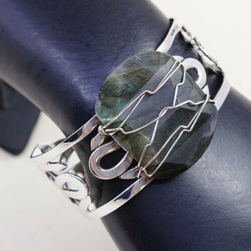 6.25”, Vtg Modern Handmade Sterling 925 Silver Cuff Bracelet W/ Labradorite