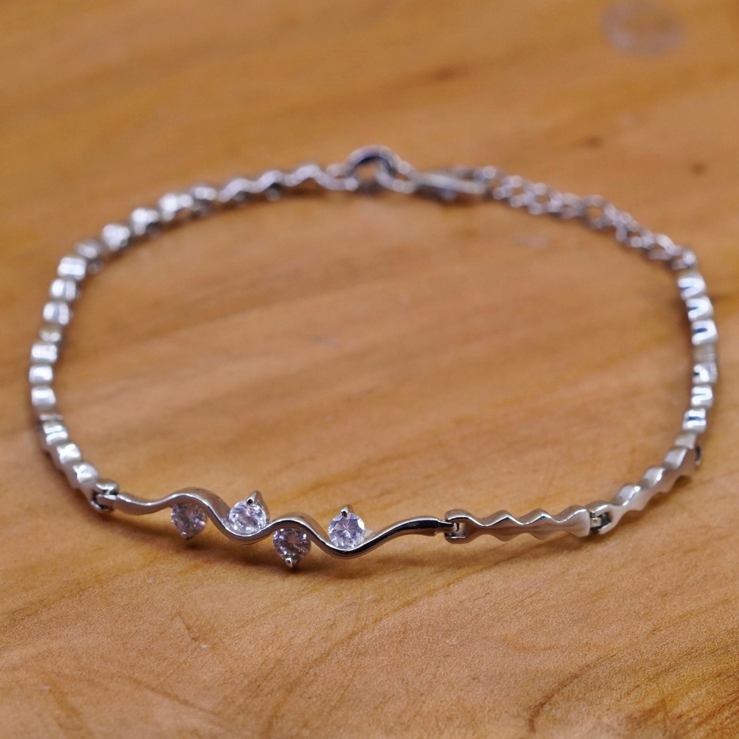 7.5”, vintage Sterling silver handmade tennis bracelet, 925 wavy link with cz