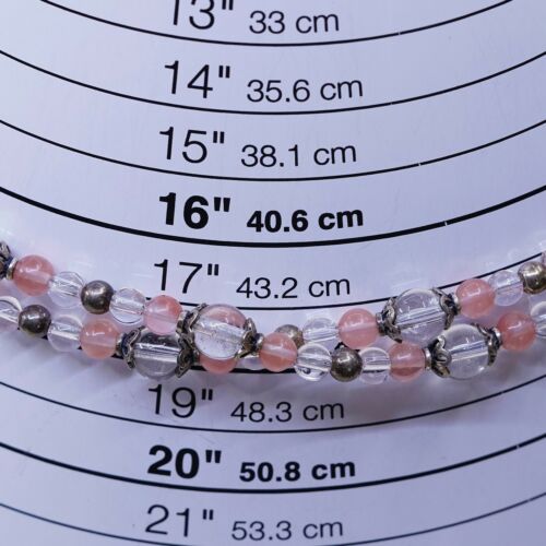 18”, Vtg Double Strands 925 Sterling Silver Pink Rose Quartz W/ Crystal Beads