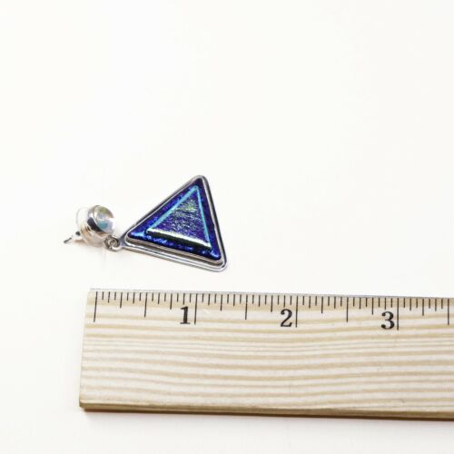 Vtg Modern handmade Sterling 925 Silver Earrings Triangular Green Foiled Glass