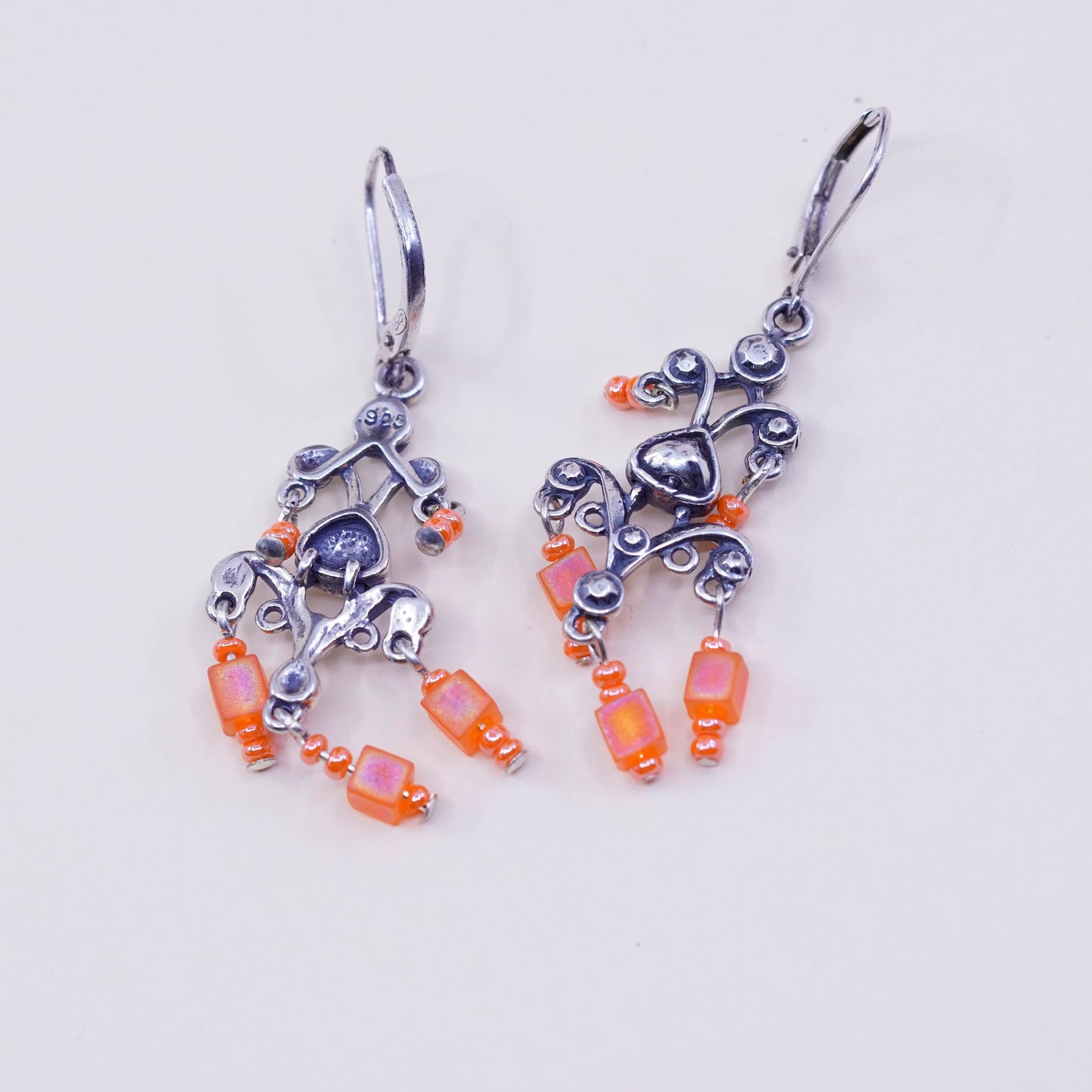 Vintage Sterling silver handmade earrings, 925 filigree heart with orange bead, stamped 925