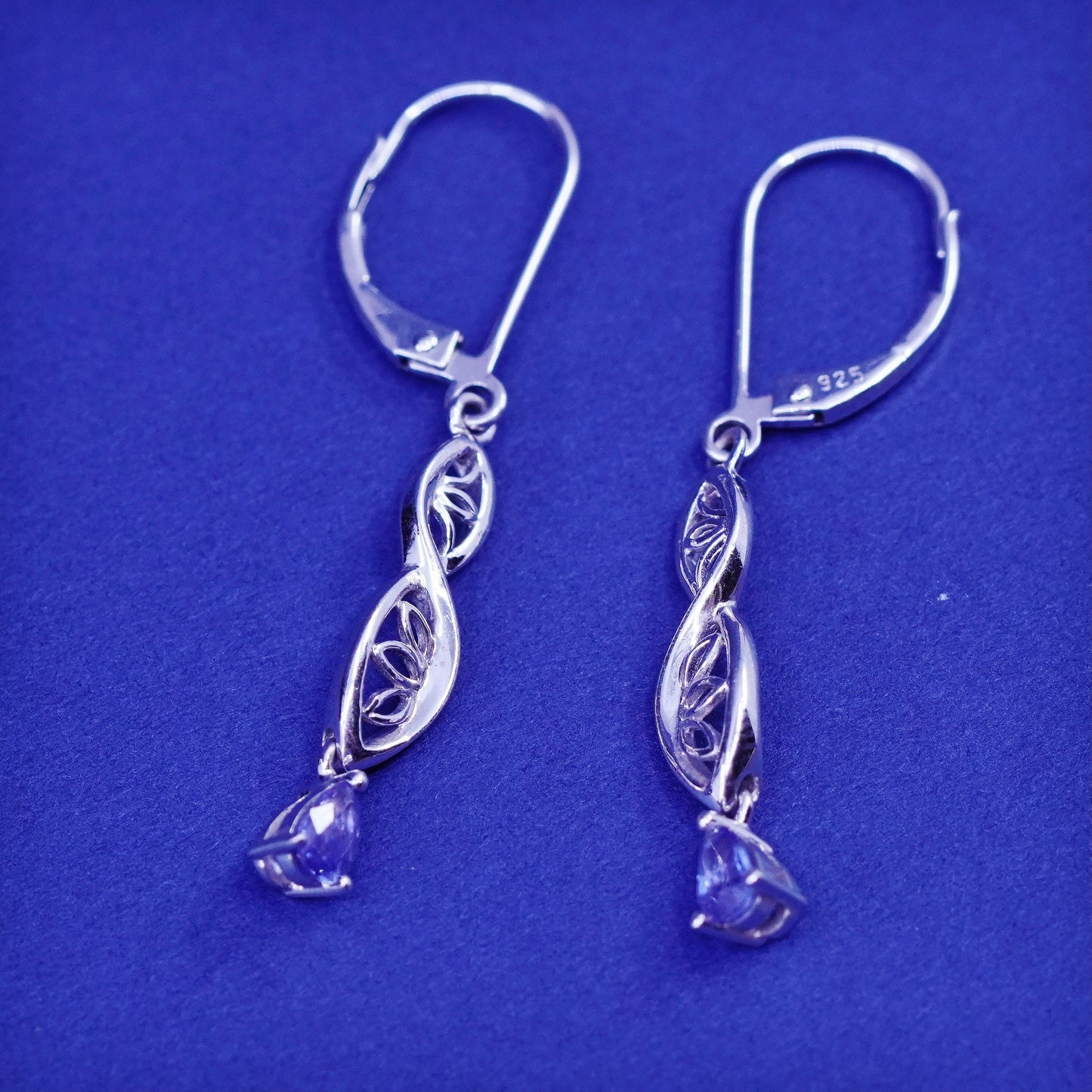 Vintage sterling 925 silver handmade earrings with teardrop blue topaz