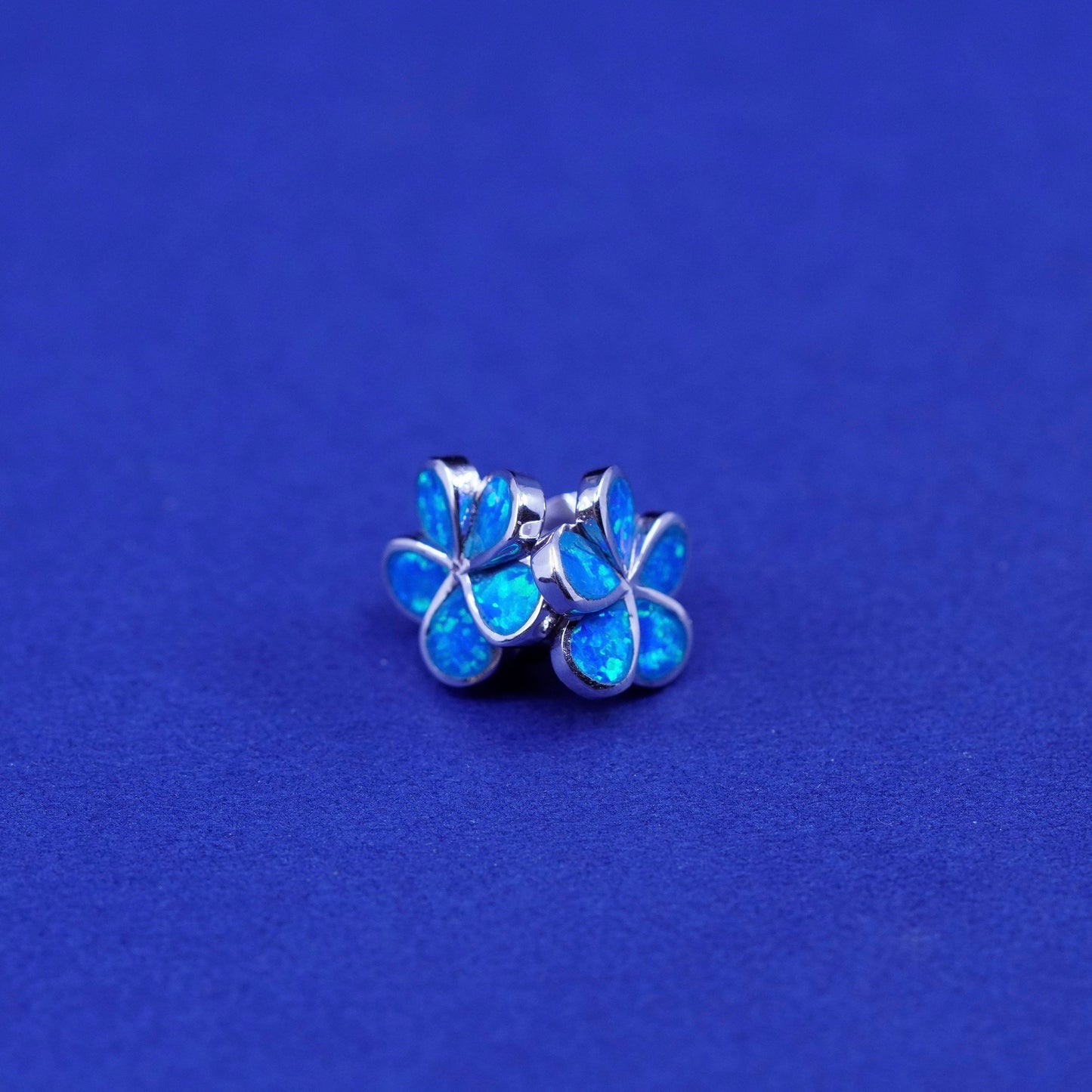 Vintage sterling silver handmade earrings, 925 flower studs with opal
