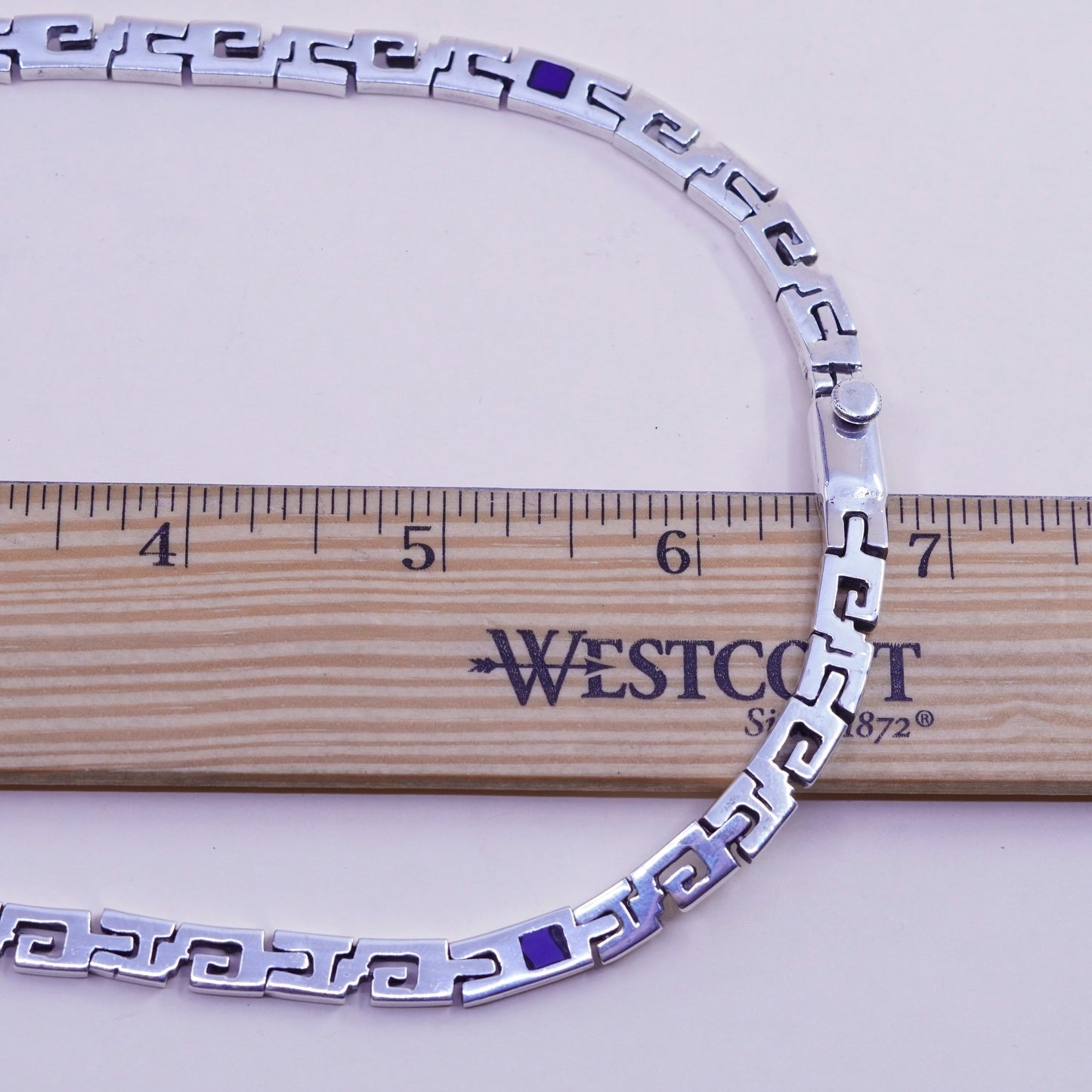 17”, vintage Mexico sterling silver necklace, men 925 S link chain blue enamel