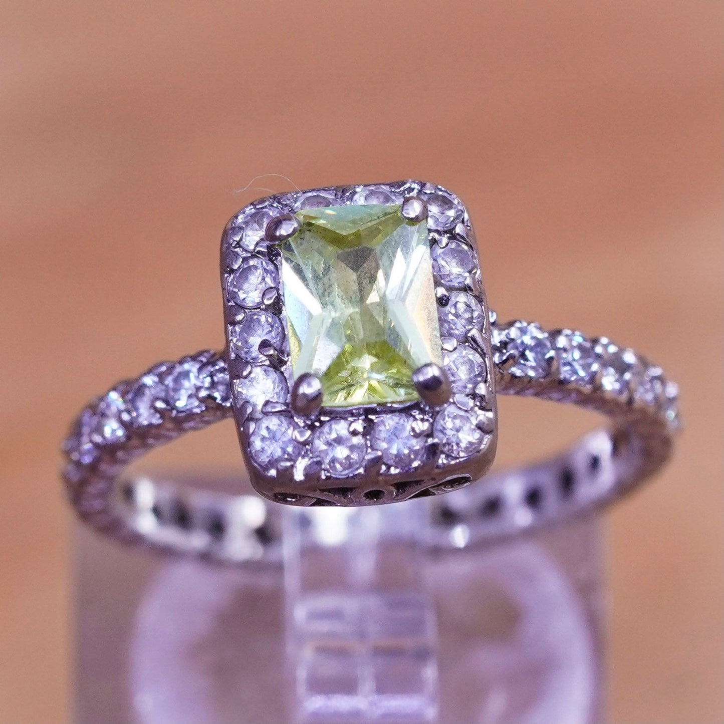 Size 7.5, vintage Sterling 925 silver handmade ring with peridot and cz