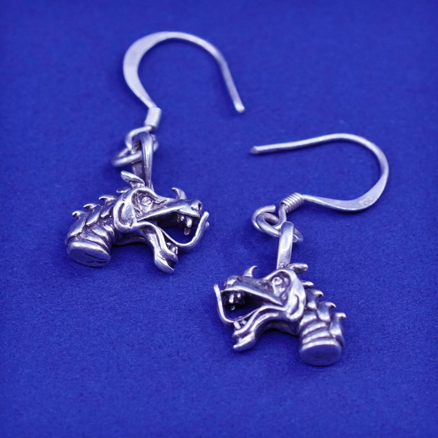 Vintage Sterling silver handmade earrings, 925 dragon head dangled