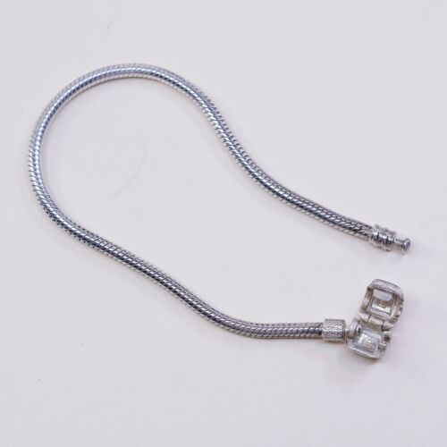 7.25”, 3mm, Vtg Sterling Silver Charm bracelet, Italy snake chain, Stamped 925