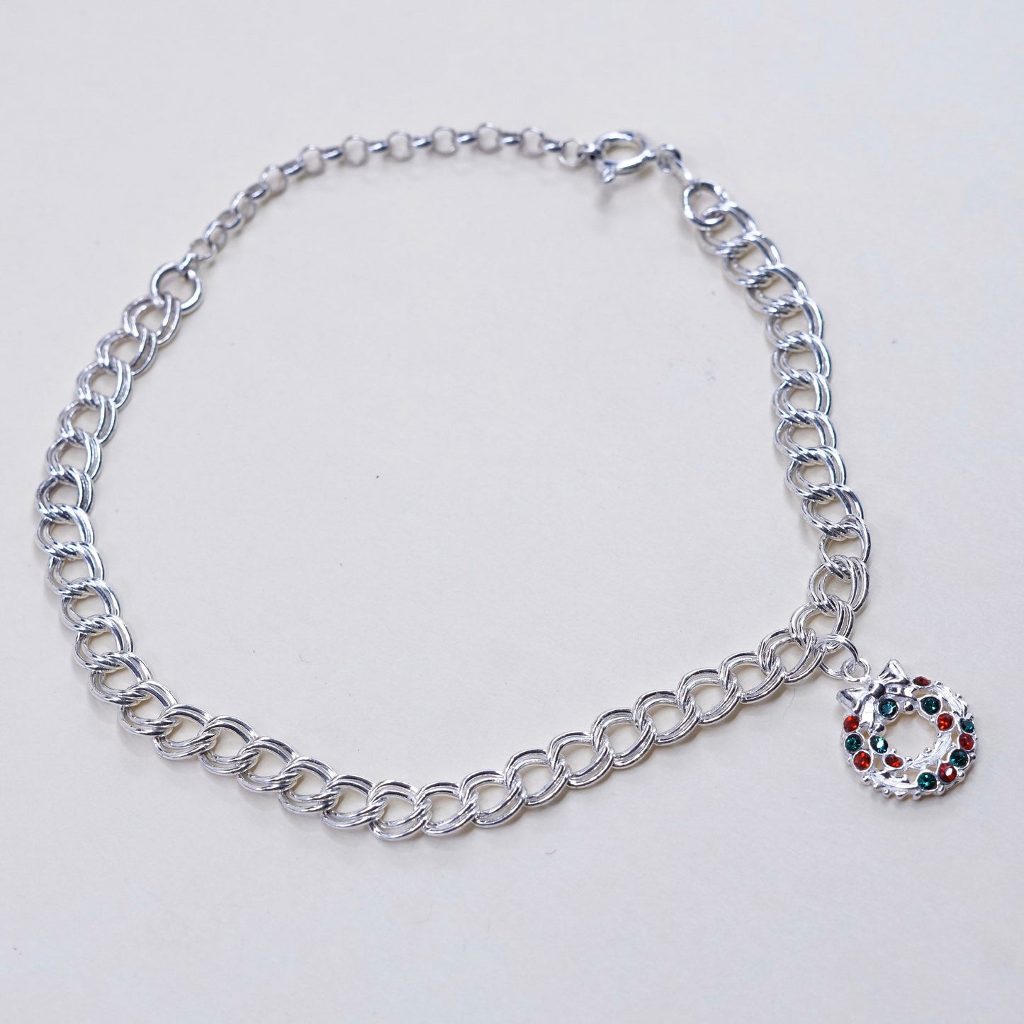 9.5”, sterling silver double curb bracelet anklet, italy 925 w/ wreath charm