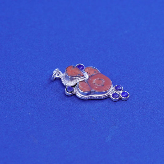 Vintage Sterling 925 silver handmade pendant with coral and lapis lazuli beads