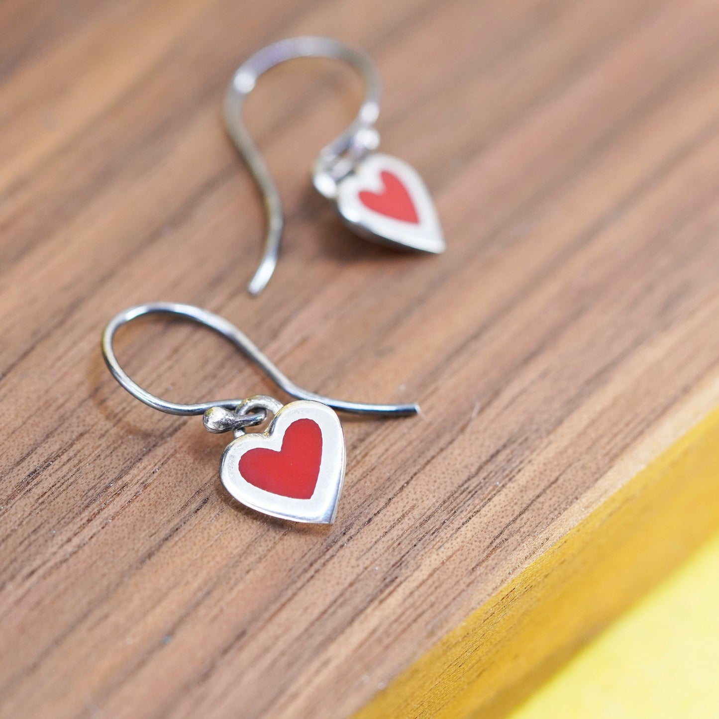Vintage Sterling 925 silver handmade earrings with red enamel heart