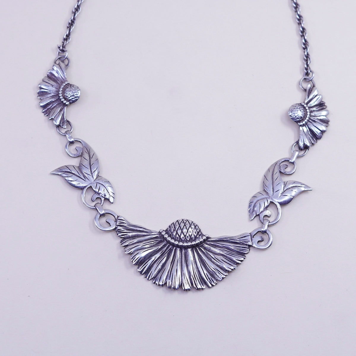 16”, Sterling silver double strands necklace, 925 rope chain flower pendant