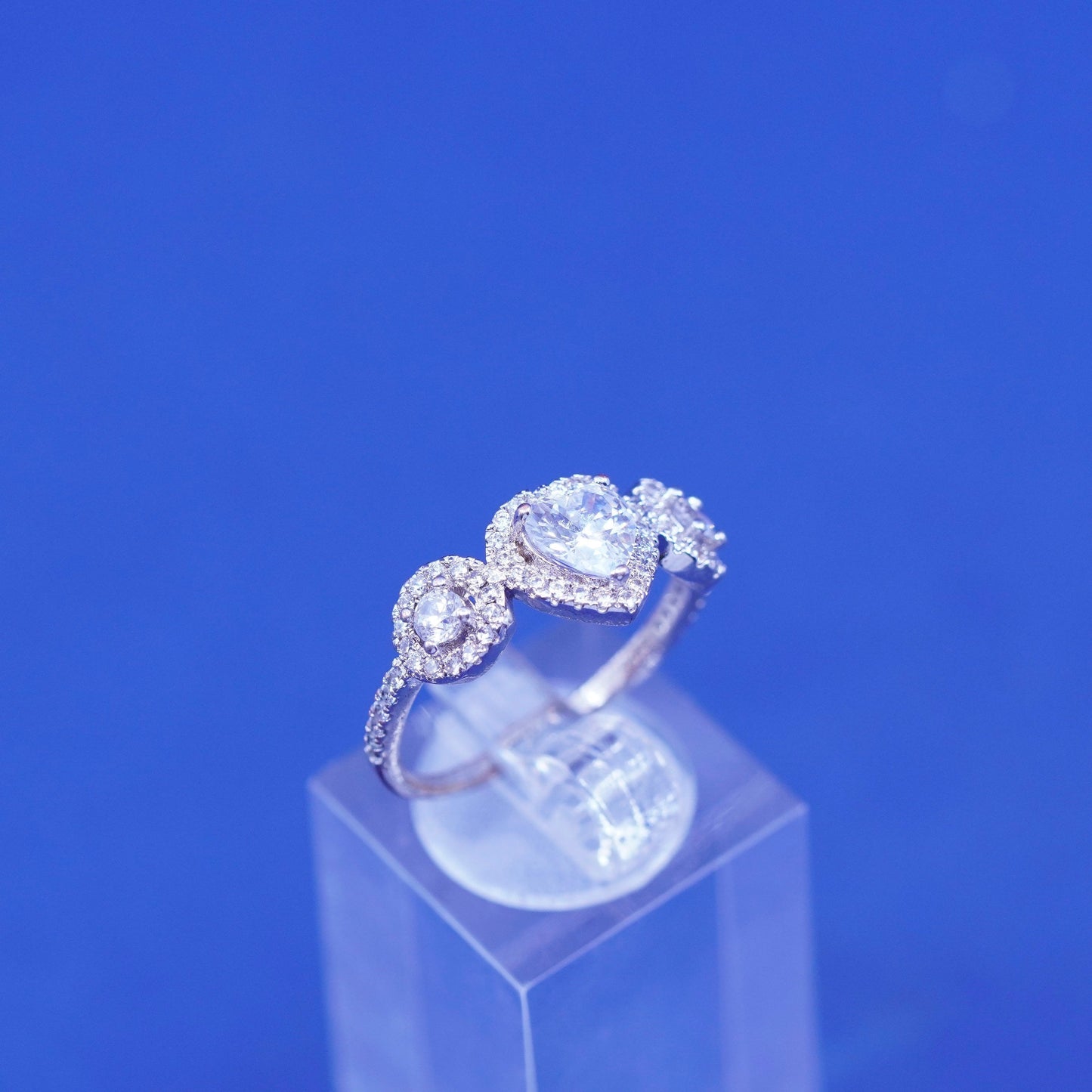 Size 8, vintage Sterling 925 silver engagement ring with heart and cluster Cz