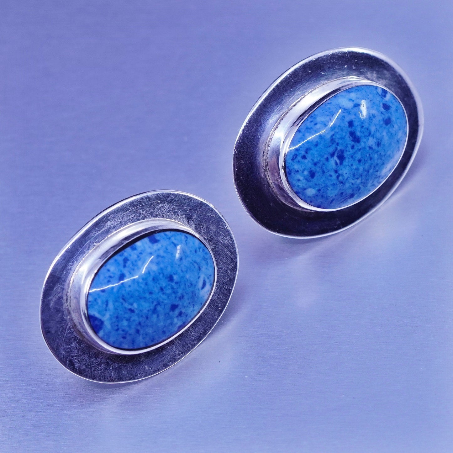 Vintage Sterling 925 silver handmade earrings, oval studs with sodalite