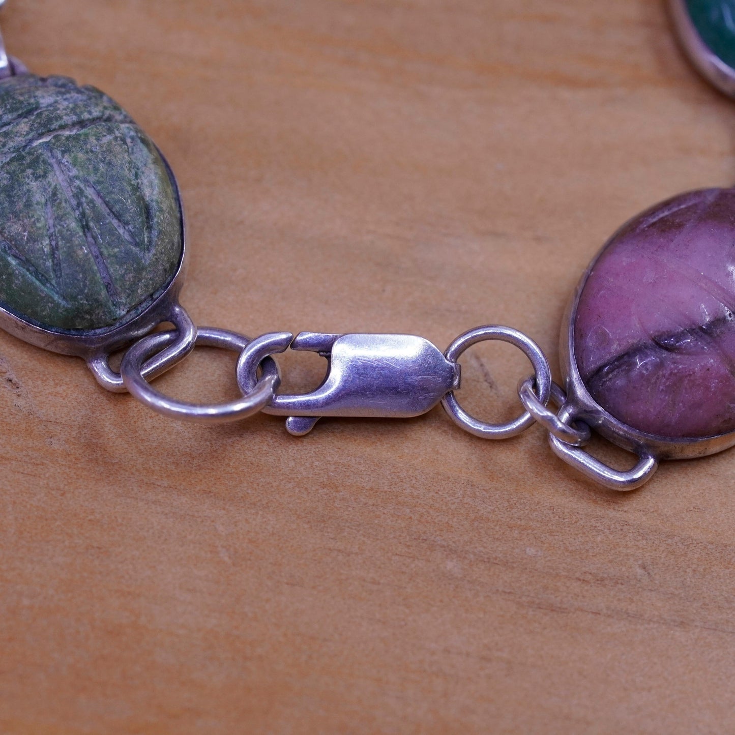 7”, sterling 925 silver handmade carved bracelet jasper obsidian jade quartz