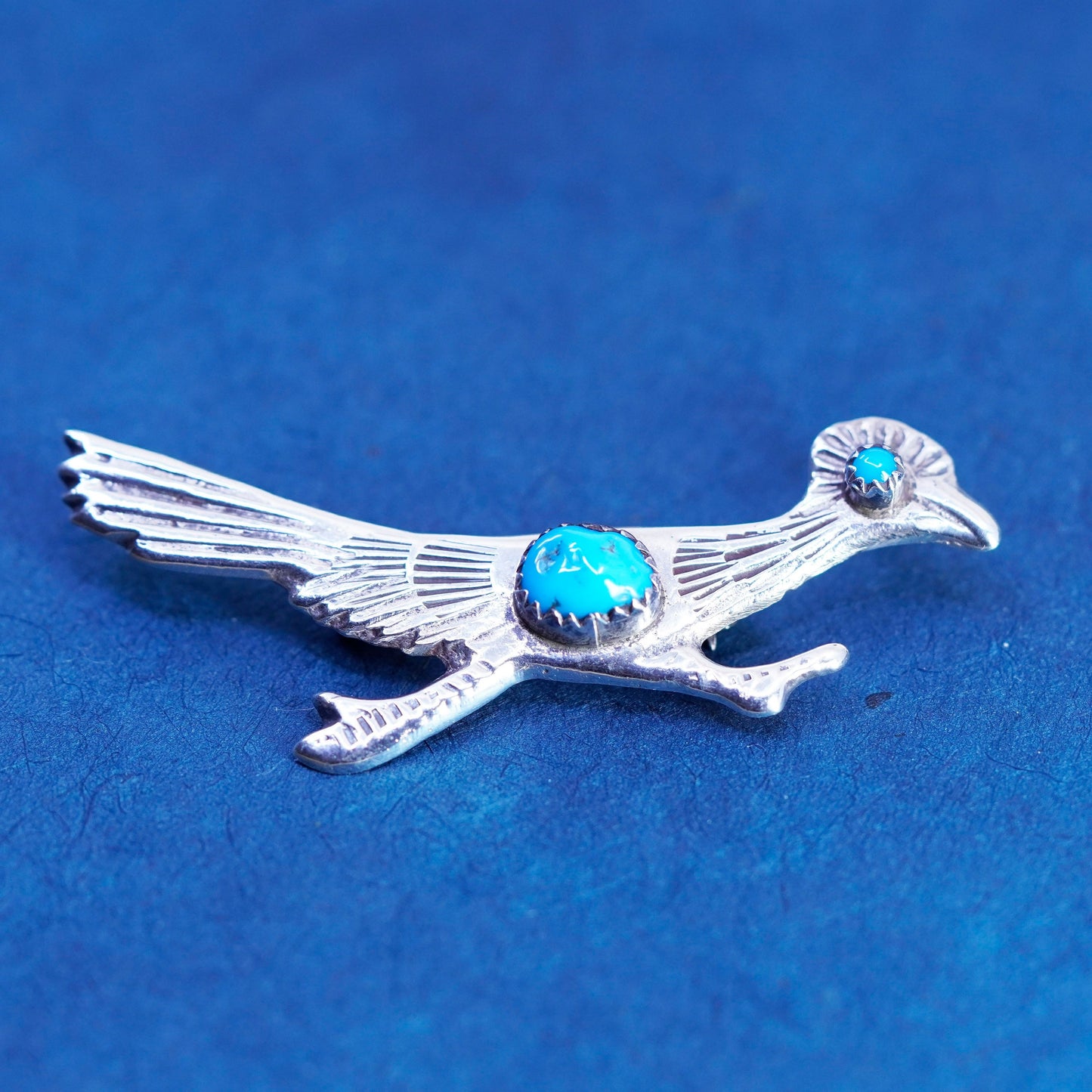 Native American Navajo sterling silver brooch turquoise 925 road runner bird