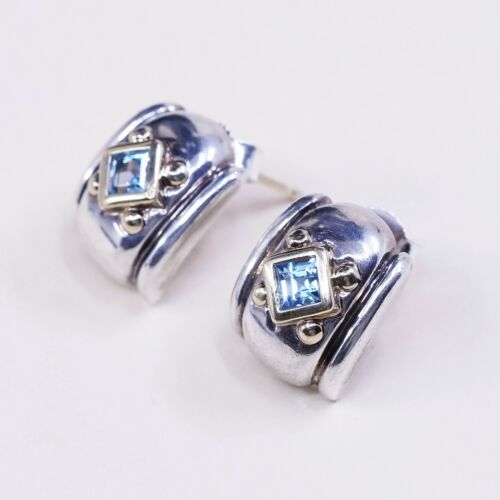 Vtg 14K Yellow Gold Sterling Silver Handmade Earrings, 925 Studs W/ Blue Topaz