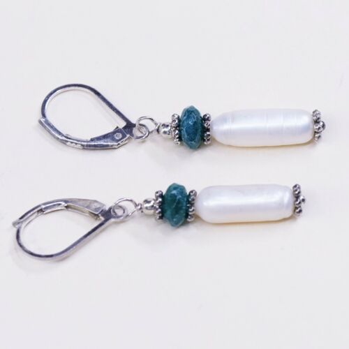 Vintage Southwestern handmade Sterling 925 Silver Pearl Earrings w/ Jade Beads