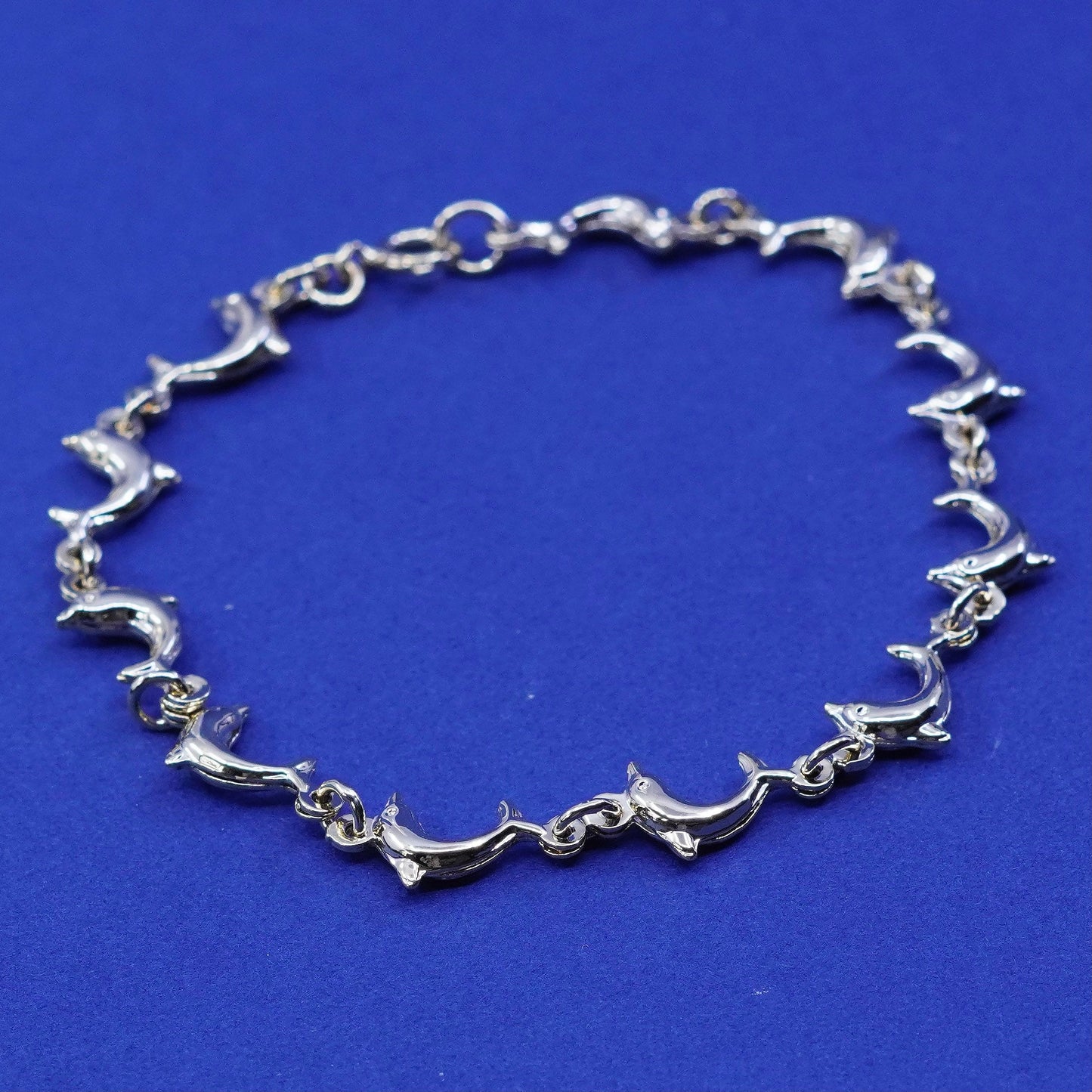 7”, vintage vermeil, gold over sterling silver tennis bracelet, 925 dolphin chain