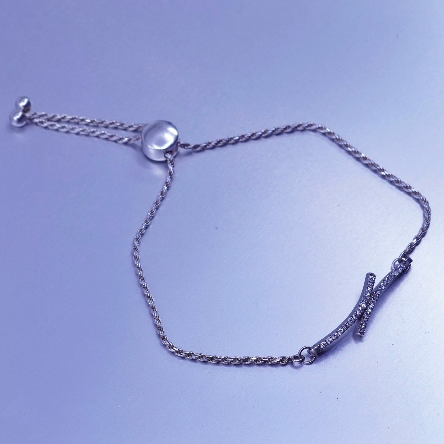 Size adjustable. Jewelry Sterling 925 silver bracelet rope chain cluster cz bar