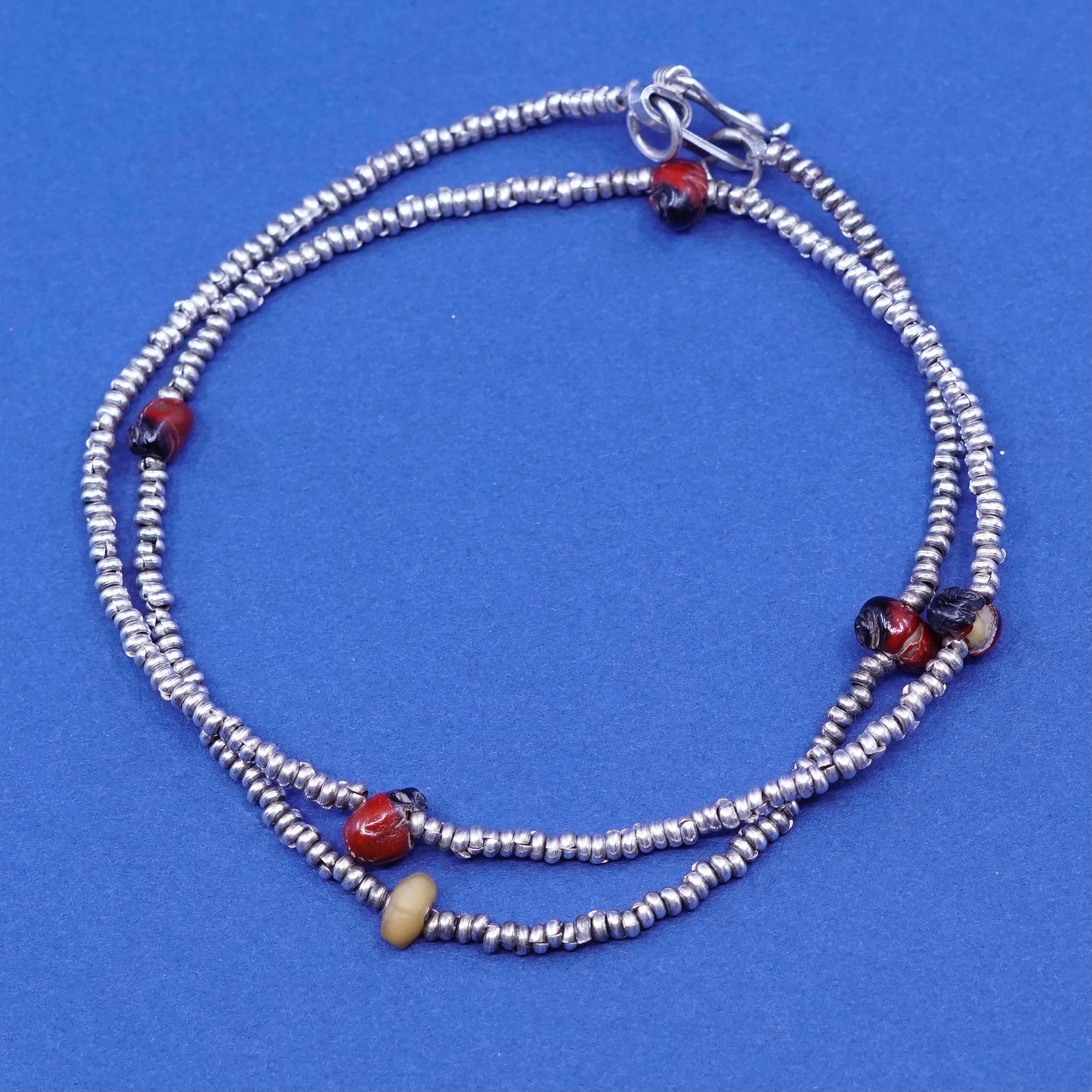 16”, Native American Navajo Sterling 950 silver heishi chain w/ coral beads
