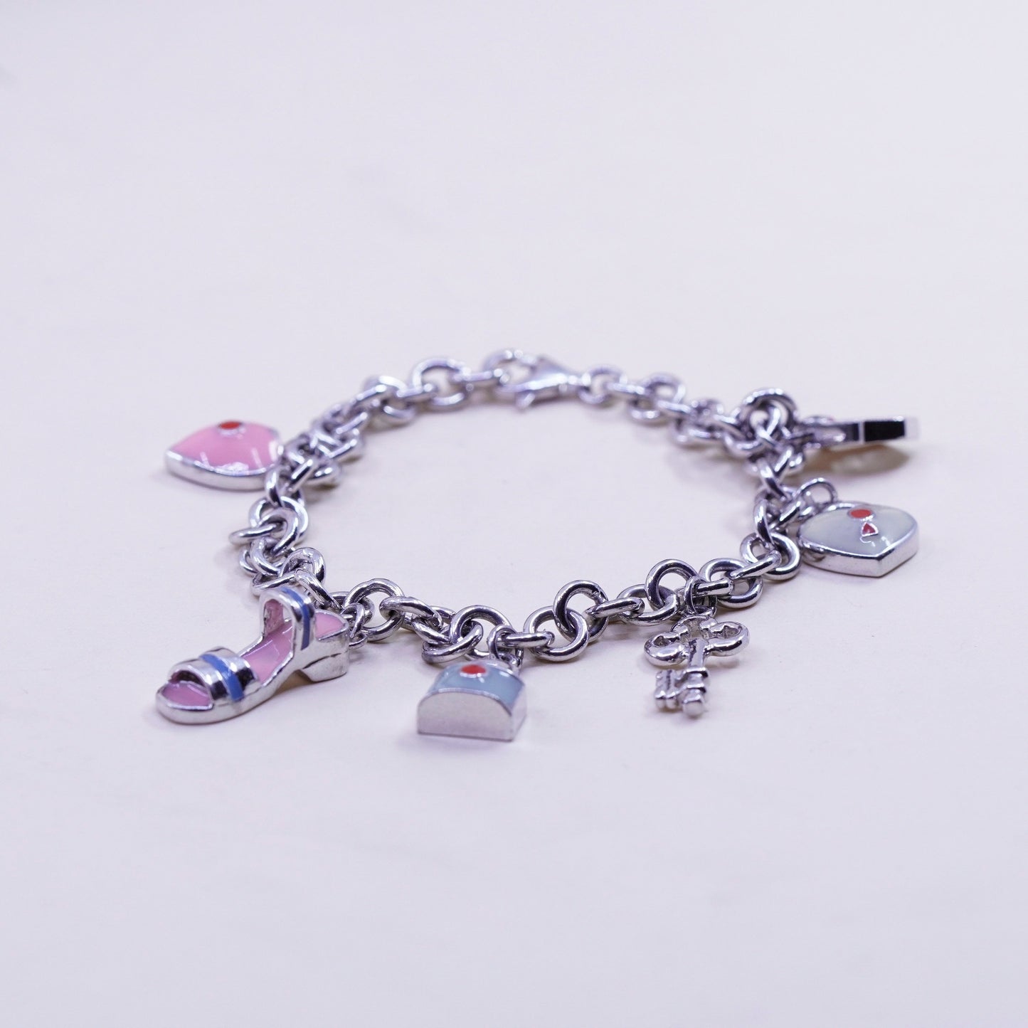 7”, sterling silver circle bracelet, 925 chain enamel heart key sandal charms