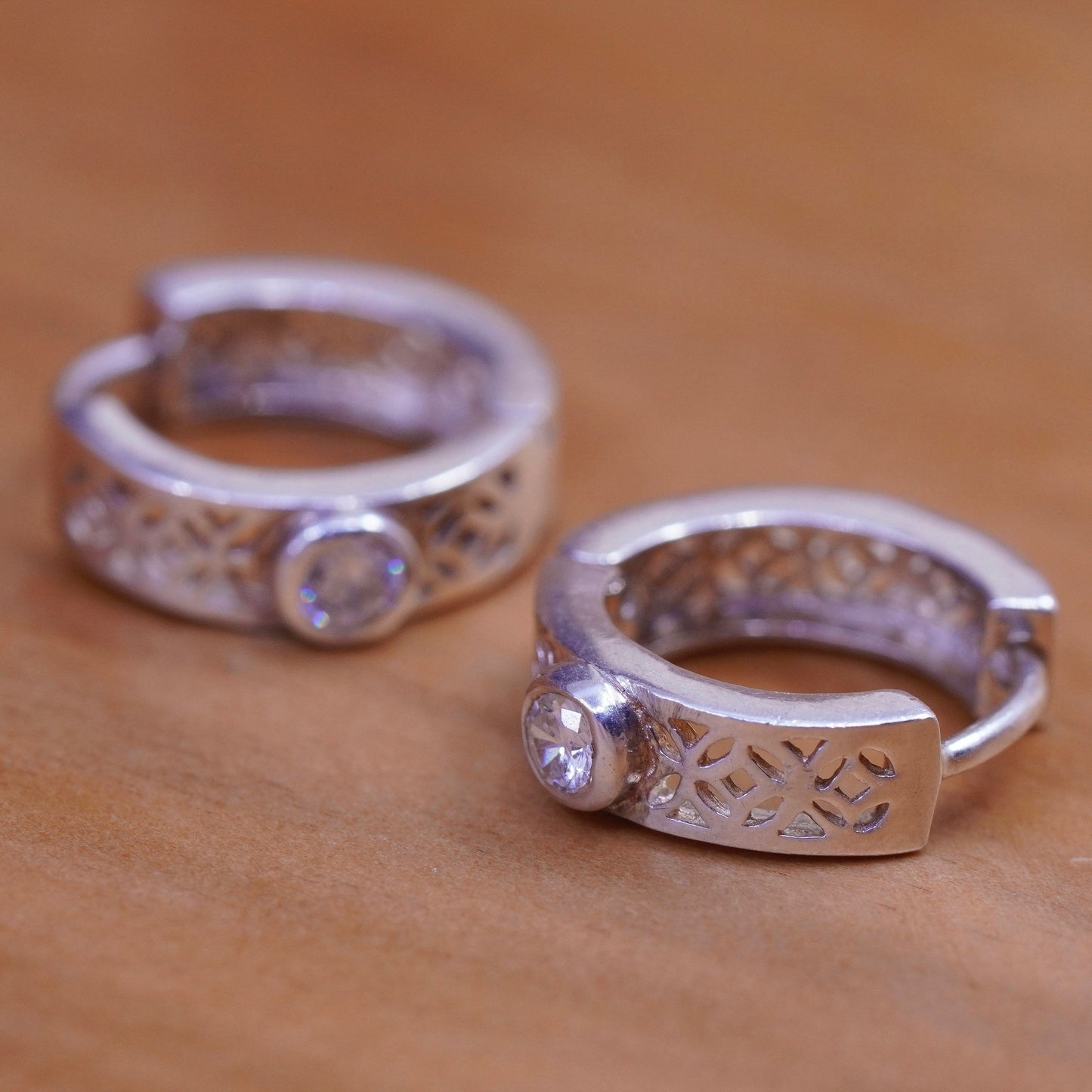 0.5”, vintage Sterling silver handmade earrings, filigree 925 hoops with Cz