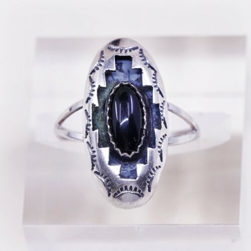 Sz 8.25 Carmelio Patania Navajo Sterling 925 Silver Handmade Ring W/ Obsidian