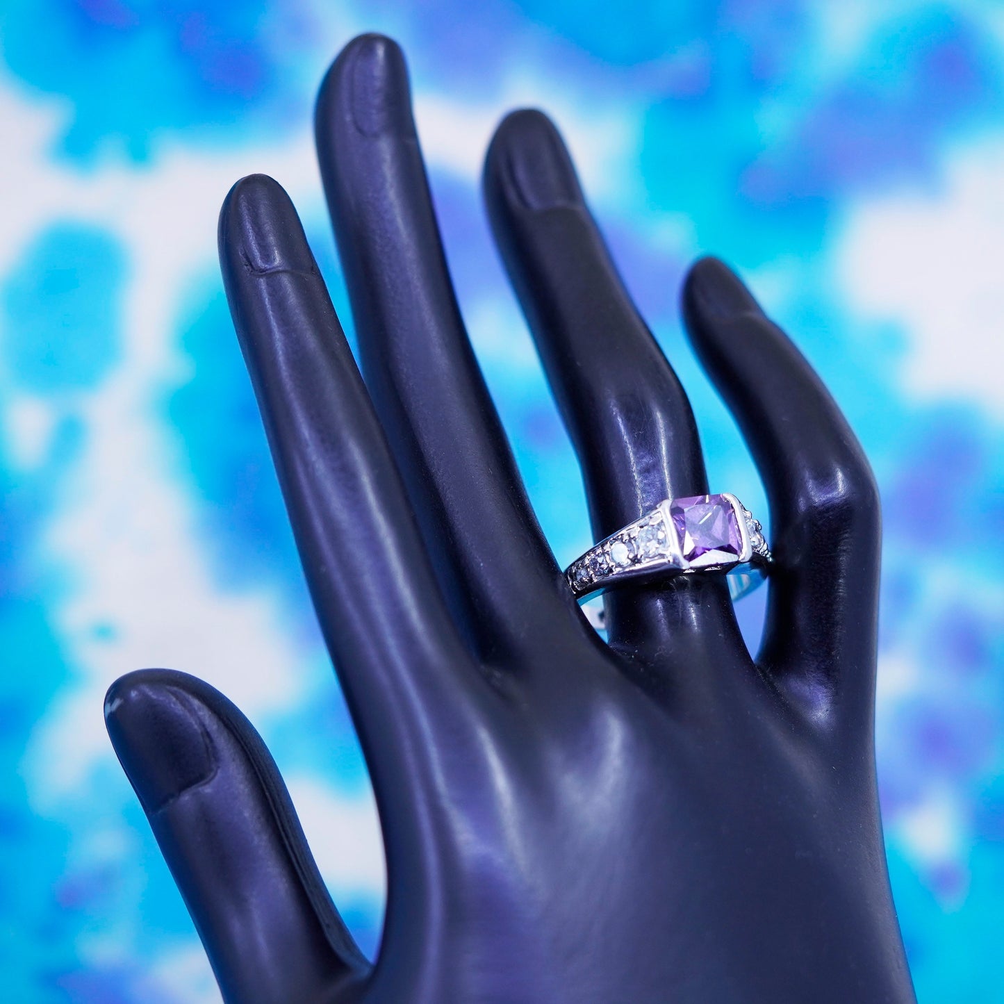 Size 10.25, vintage Sterling silver handmade ring, 925 band square amethyst cz