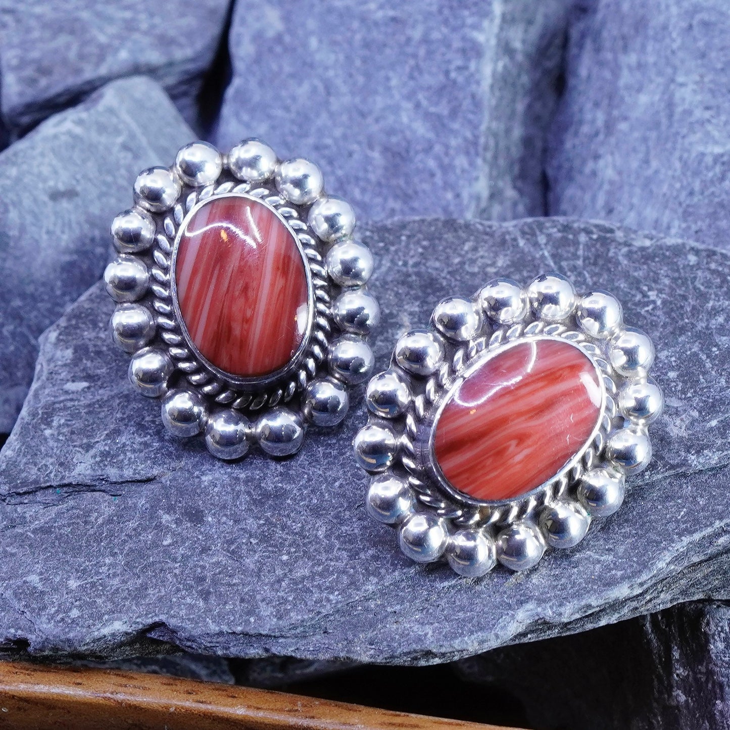 Vintage sterling silver handmade earrings, 925 oval studs with red agate beads