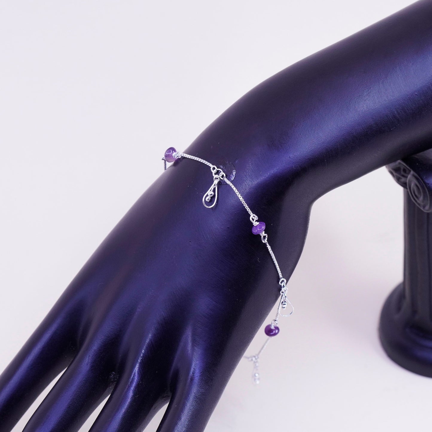 9.5”, Vintage sterling silver bracelet, Italy 925 box anklet amethyst beads
