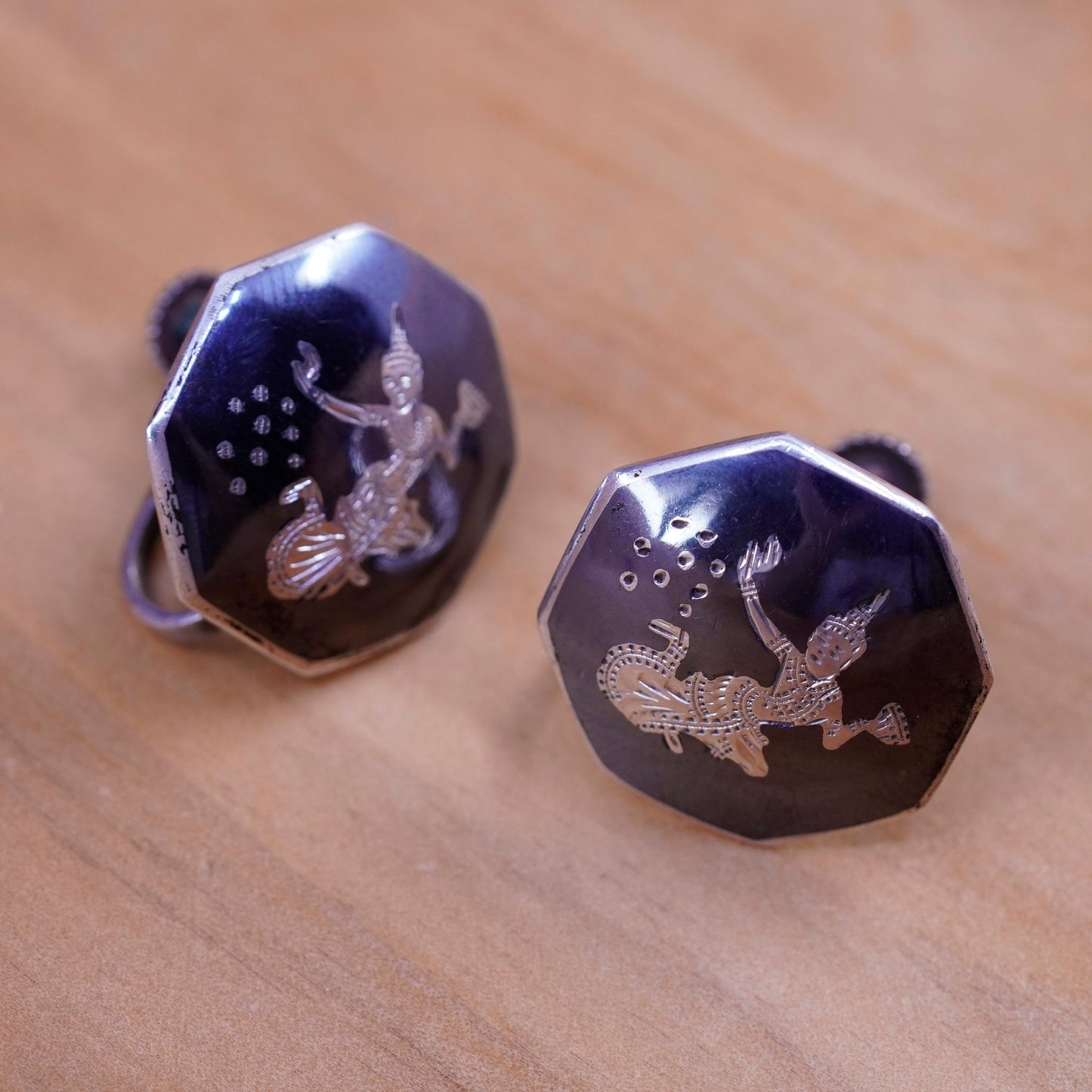 Siam sterling silver clip on earrings, 925 teardrop earrings, niello Siam