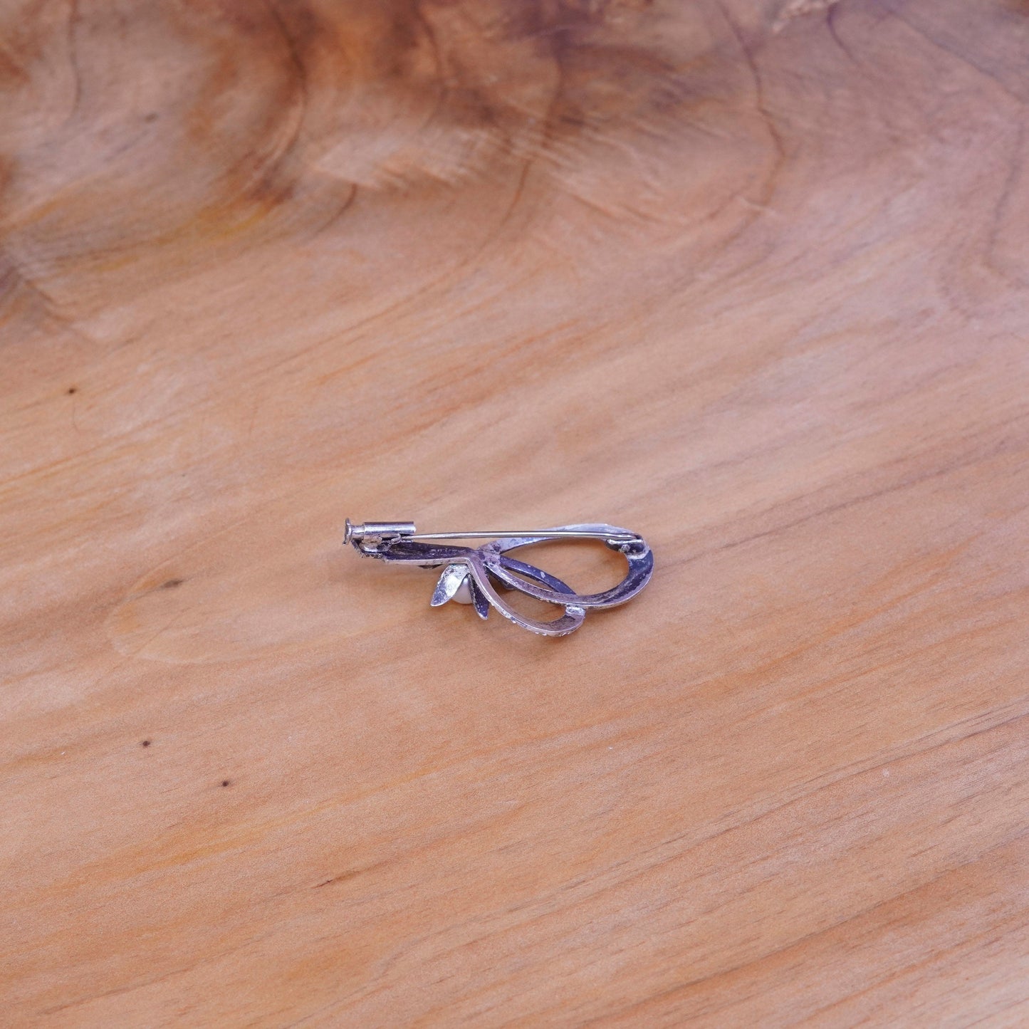 Vintage sterling silver handmade brooch, 925 ribbon flower with pearl details