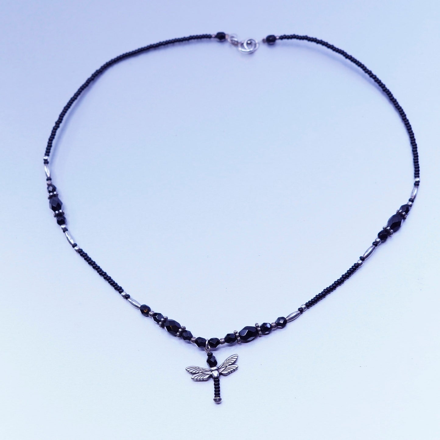 18”, vintage obsidian beads necklace with Sterling 925 silver dragonfly pendant